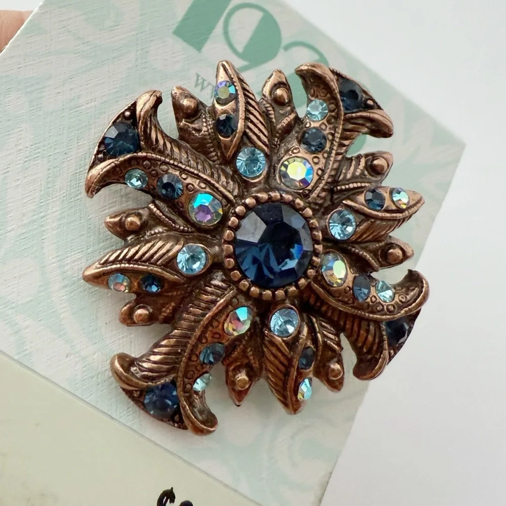 Vintage 1928 Blue Rhinestone Floral Maltese Cross Coppertone Brooch Pin
